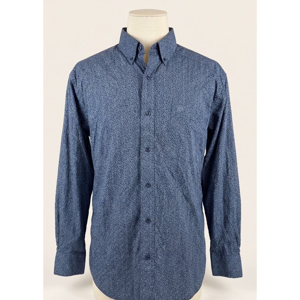 Ariat Mens XL Western Button Down Shirt Long Sleeve Blue Micro Leaf Print Rodeo